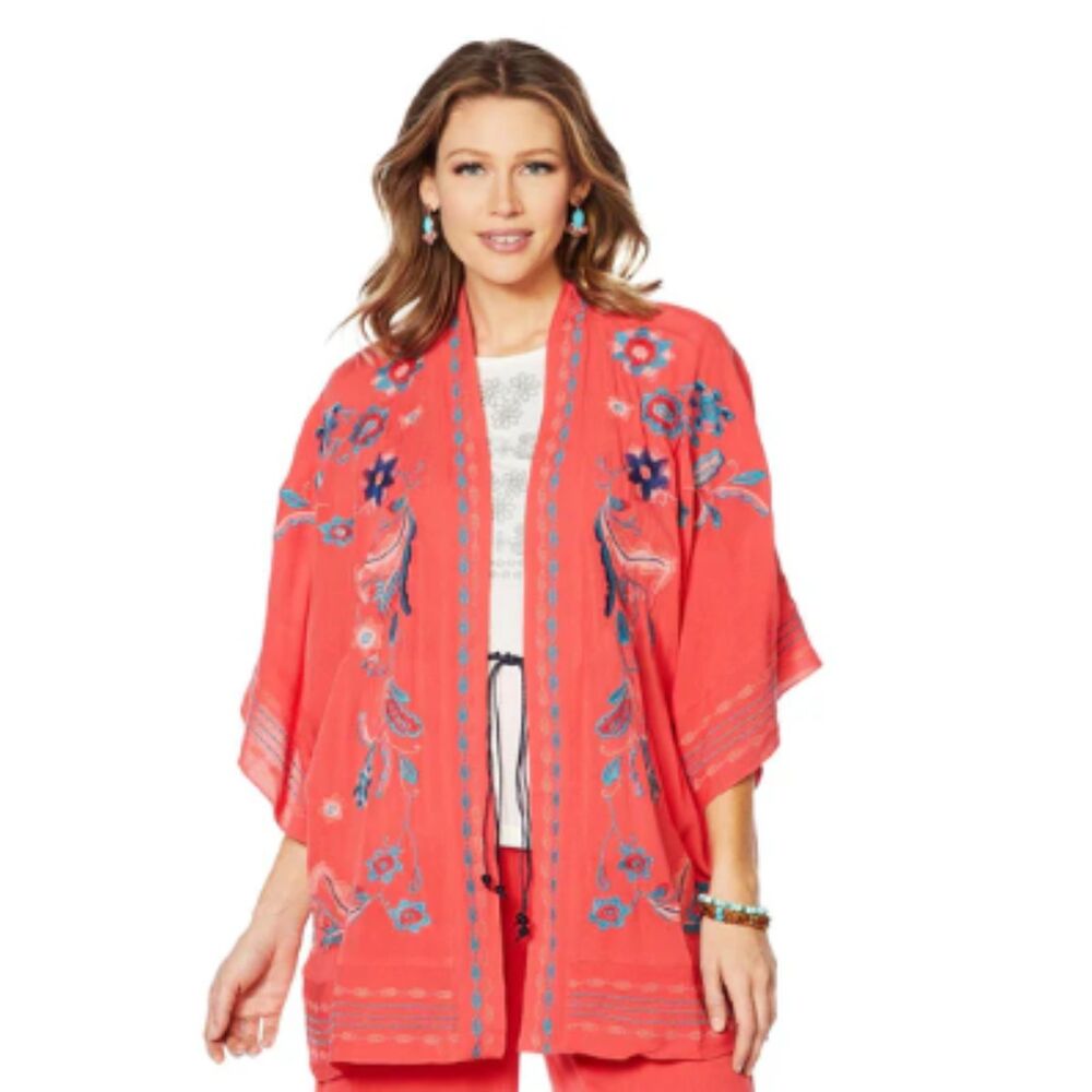 NWT Curations Embroidered Coral Kimono Cardigan Boho Festival Cover-Up 2X/3X
